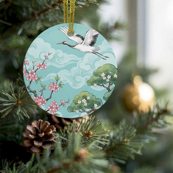 Japanese Cherry Blossoms Cranes Christmas Ceramic Ornament 2026,3" Round Xmas Tree Hanging Accessories with Gold Ribbon,Pineapple Clouds Pendant Ornaments for Holiday Gift Home Party Decor