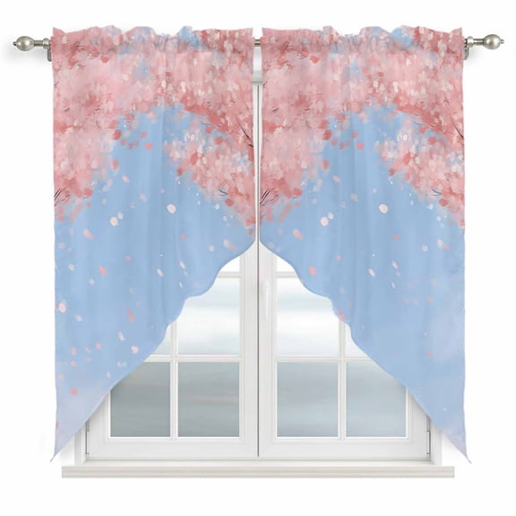 Japanese Cherry Blossoms Swag Valances for Windows, Kitchen Curtains 36 Inch Length 2 Panels Set, Watercolor Floral Art Blue Sky Short Curtains for Small Windows Rod Pocket Cafe Curtains 28"x36"