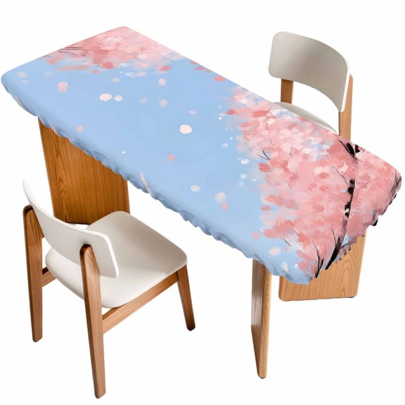 Japanese Cherry Blossoms Table Cloths for 8 Foot Rectangle Tables, Watercolor Floral Art Blue Sky Patio Waterproof Elastic Fitted Tablecloths, Washable Rectangular Table Cover for Camping