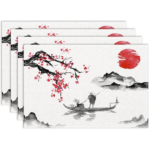 Japanese Cherry Moderongom Placemats Set of 4, 12x18 Inch Traditional Vintage Asian Oriental Sunset Landscape Seasonal Spring Holiday Table Mats for Party Kitchen Dining Decoration