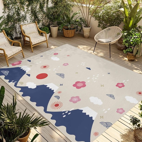 Japanese Cherry Outdoor Rug 6x9 Ft - Reversible Patio Rug Outdoor Camping Rugs, Blue Mountain Fuji Cartoon Sun Waves Cloud Indoor Outdoor Area Rugs, Non-Slip Outdoor Carpet Runner for Deck/Porch