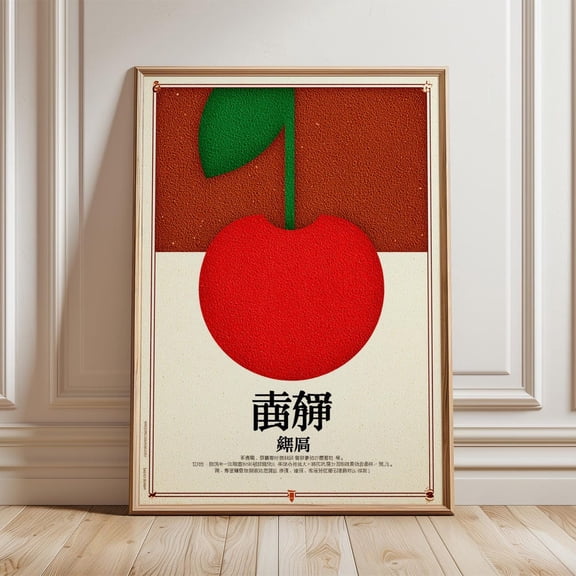 Japanese Cherry Poster Modern Minimal Wall Art Retro Abstract Print Red and Brown Fruit Artwork Japanese Art for Kitchen or Dining Room