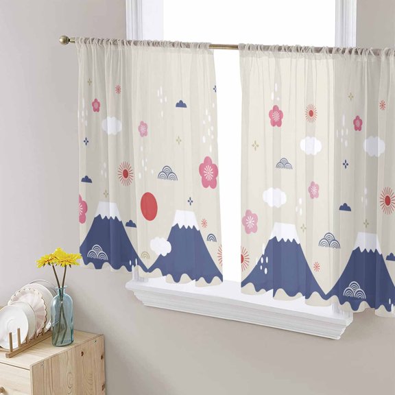 Japanese Cherry Sheer Curtains 54 Inches Length 2 Panels Set, Window Sheer Curtains for Living Room/Bedroom, Blue Mountain Fuji Cartoon Sun Waves Cloud Light Filtering Rod Pocket Curtain 52''x54''x2