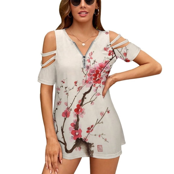 Japanese Cherry Tree Womens Summer V Neck Zipper Top Short Sleeve T Shirt Off Shoulder Top Casual Classy Loose Shirts