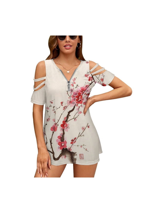 Japanese Cherry Tree Womens Summer V Neck Zipper Top Short Sleeve T Shirt Off Shoulder Top Casual Classy Loose Shirts