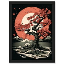 Japanese Cherry Tree at Sunset Landscape Rockabilly Americana 50s Artwork Framed Wall Art Print A4