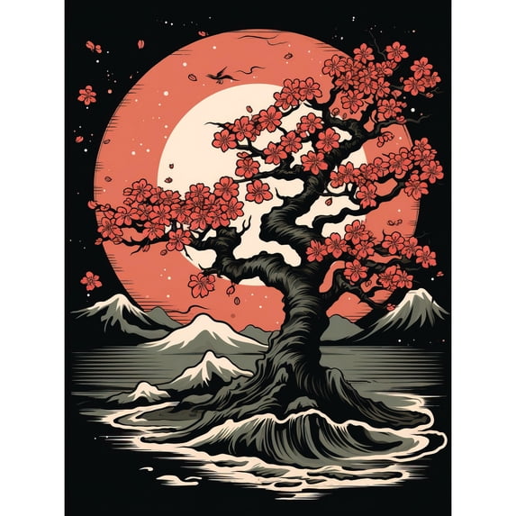 Japanese Cherry Tree at Sunset Landscape Rockabilly Americana 50s Large Wall Art Poster Print Thick Paper 18X24 Inch