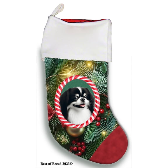 Japanese Chin Black/White - Best of Breed Christmas Stocking 13.5" Red Gaming Cloth with Red Lining ,Plush White Cuff
