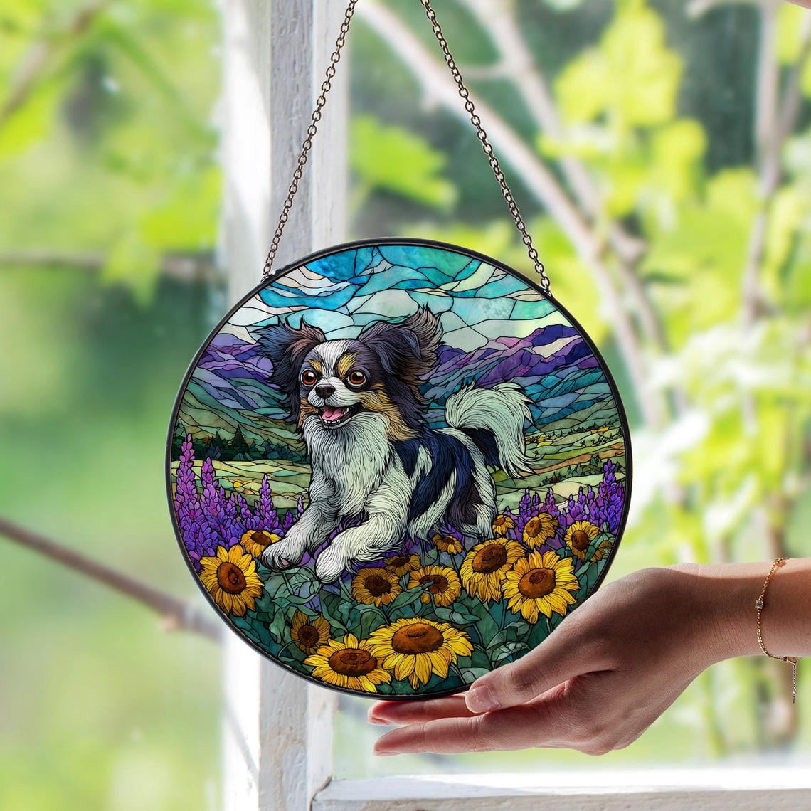 Japanese Chin Dog Glass Suncatcher, Unique Pet Memorial Art, Rustic ...