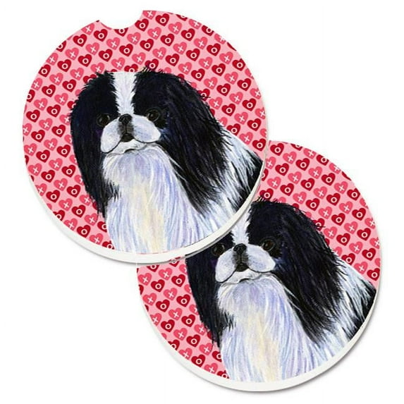 Japanese Chin Hearts Love & Valentines Day Portrait Set of 2 Cup Holder Car Coaster