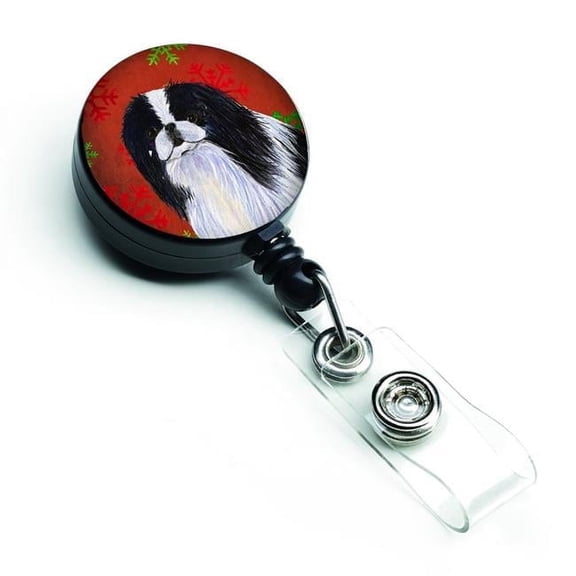 Japanese Chin Red & Green Snowflakes Holiday Christmas Retractable Badge Reel