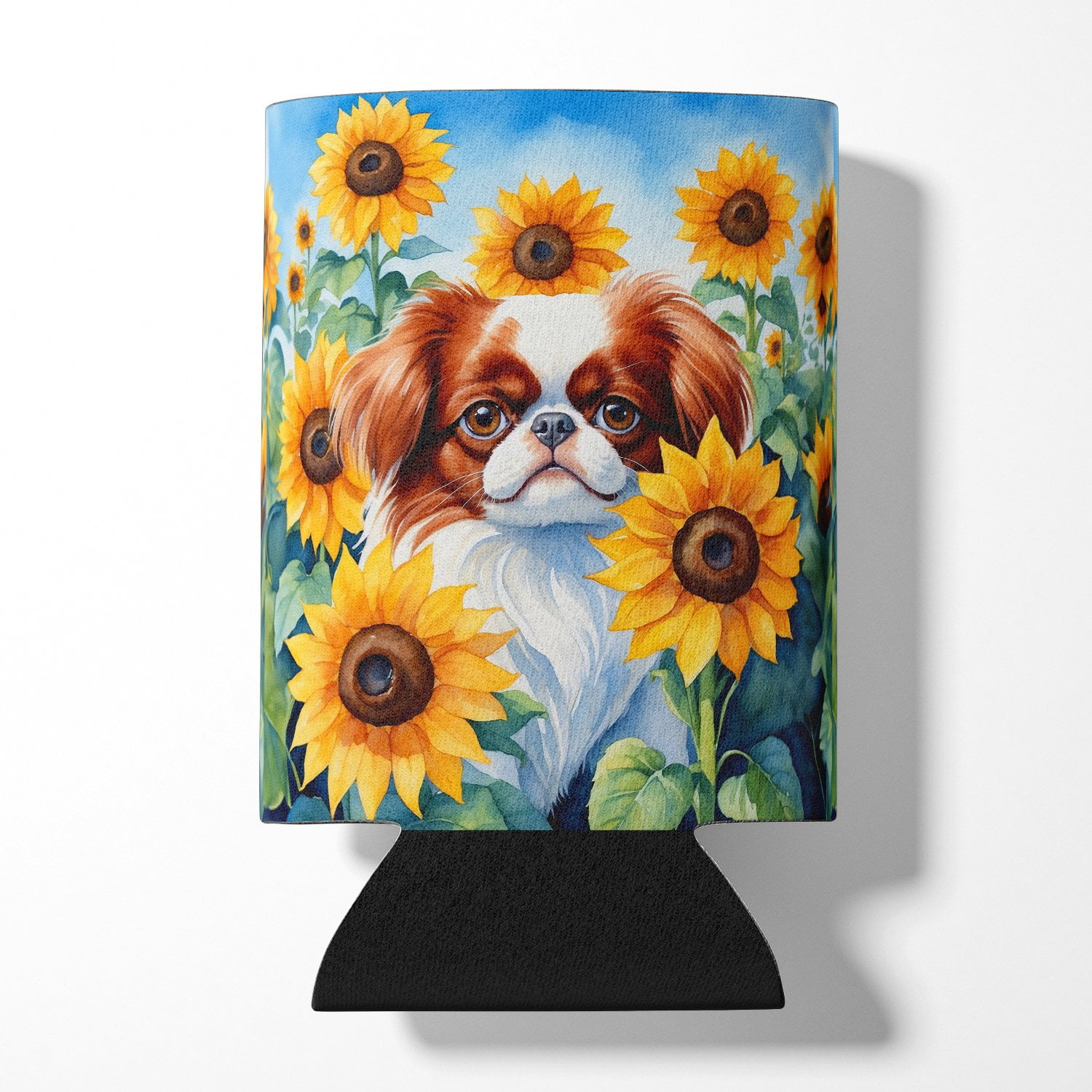 Japanese Chin in Sunflowers Can or Bottle Hugger 3 in x 5 in