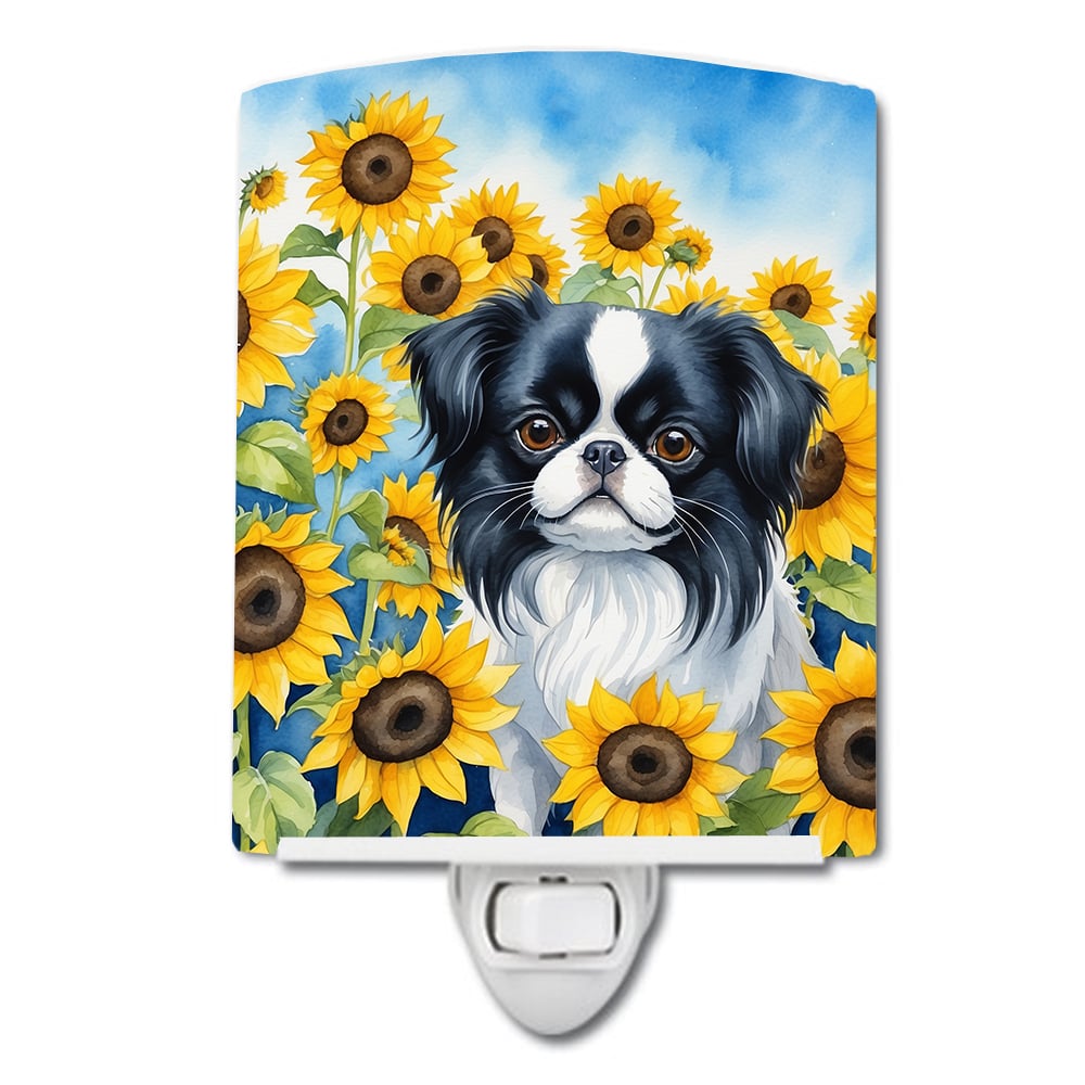 Japanese Chin in Sunflowers Ceramic Night Light 4 in x 6 in