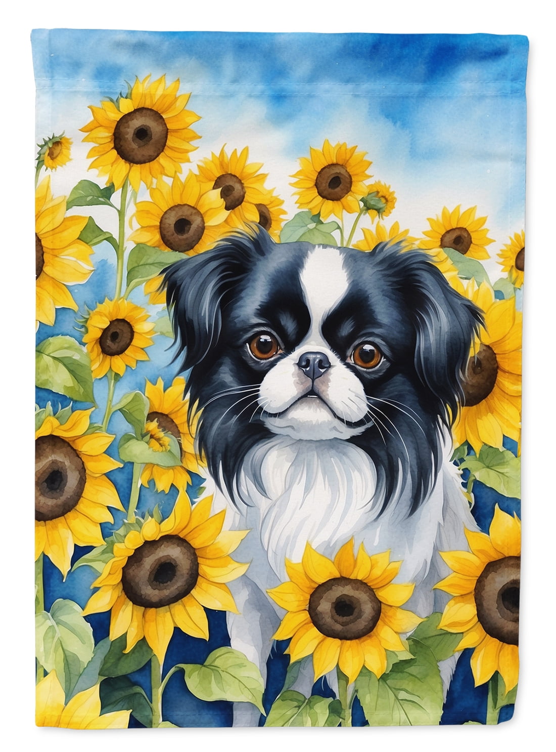 Japanese Chin in Sunflowers Garden Flag 11.25 in x 15.5 in
