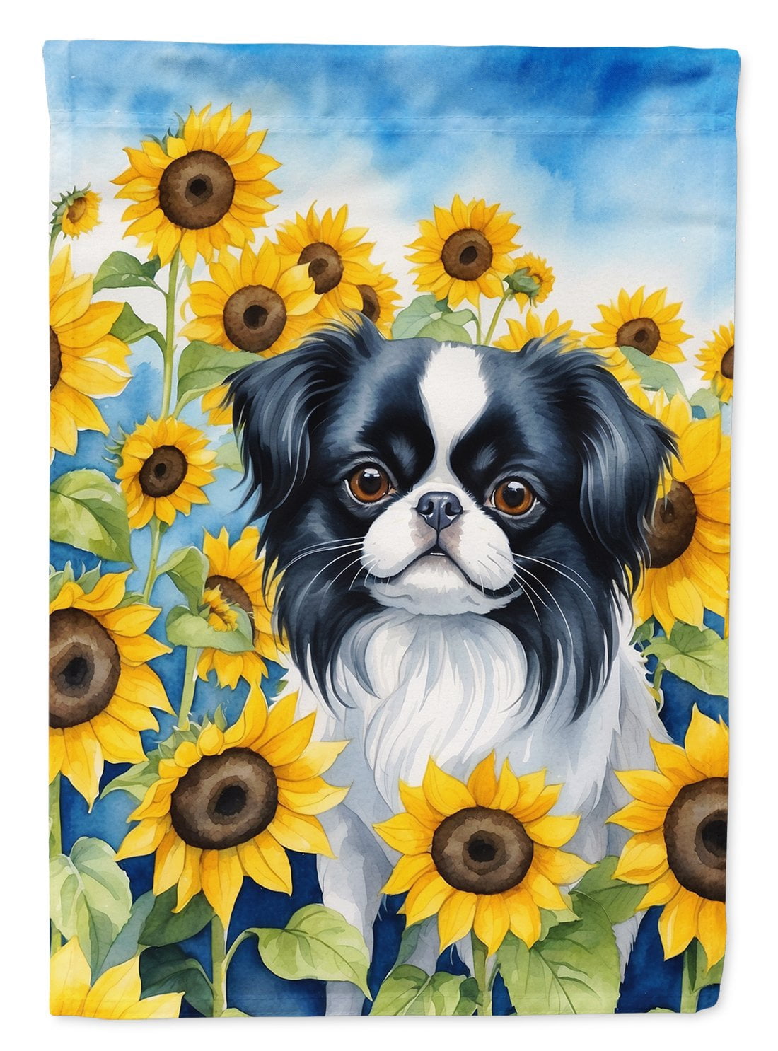 Japanese Chin in Sunflowers House Flag 28 in x 40 in