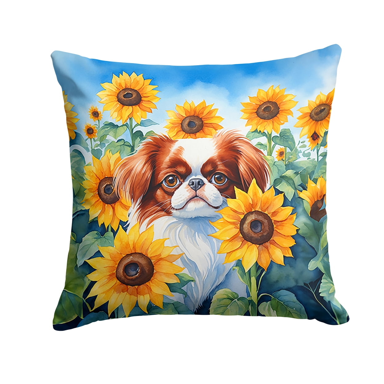 Japanese Chin in Sunflowers Throw Pillow 18 in x 18 in
