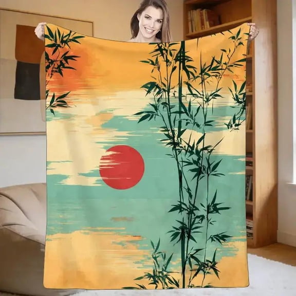 Japanese Chinese Flannel Blanket, Yangliuqing New Year Painting Bedspread, Mid-Autumn Festival Moon Cover, Multicolor Towel Quilt, Machine Washable for Indoor Bed