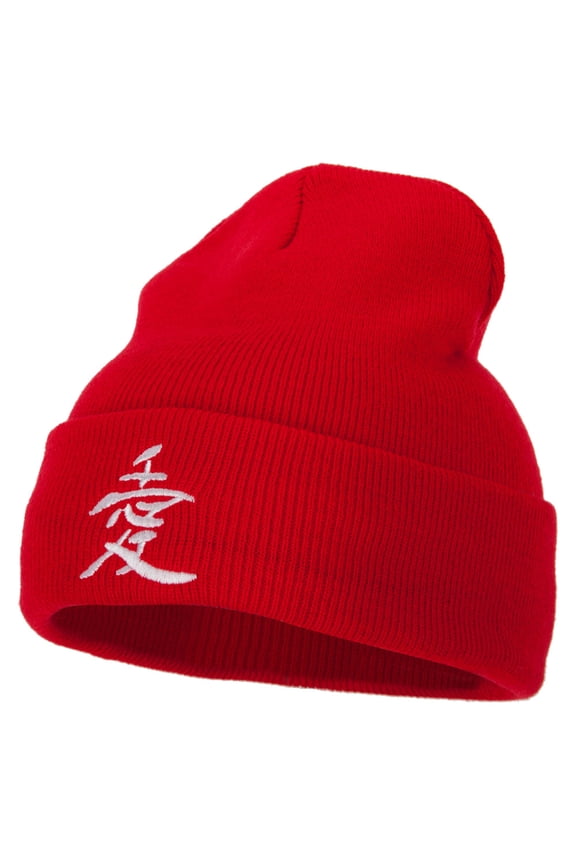Japanese Chinese Love Character Embroidered 12 Inch Long Knitted Beanie - Red OSFM