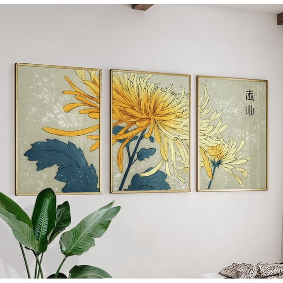 Japanese Chrysanthemum Triptych Botanical Floral Art Version 3 Home ...