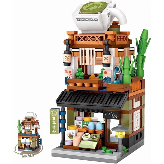 Japanese City Street View Matcha Shop, MOC Creative Mini Building Blocks House Set 379 pcs, Simulation Architecture Construction Toy