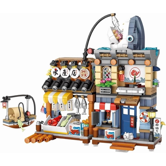 Japanese City Street View Seafood Store Mini Building Blocks Set 790 pcs, Aquatic Products Shop MOC Creative House, Simulation Architecture Toy, for Adults (1231)