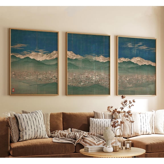 Japanese Cityscape Set Of Mountain Skyline Panorama Vintage Japanese Urban Landscape Set 3 Stretched Canvas