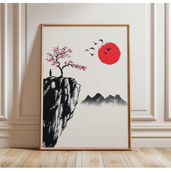 Japanese Cliff Red Sun Wall Art Zen Landscape Print