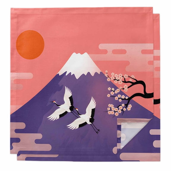 Japanese Cloth Napkins, Nature Mountain Sun Blossoms Cherry Scenery Washable and Reusable Dinner Napkins Set of 2, Table Napkin for Kitchen Party Birthday Wedding Hotel Housewarming 20"x20"