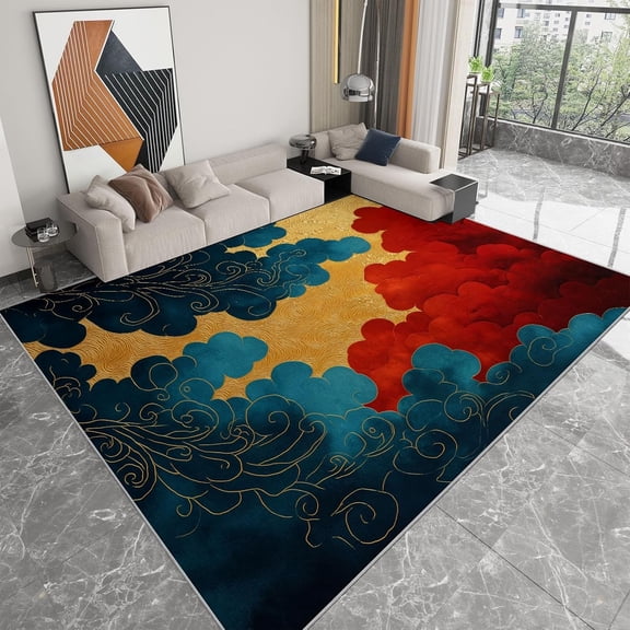 Japanese Cloud Area Rugs, Red Blue Clouds Swirls Carpet, Washable Non Slip Low Pile Soft Rug for Living Room Bedroom Entryway Decor Mat 5x8ft