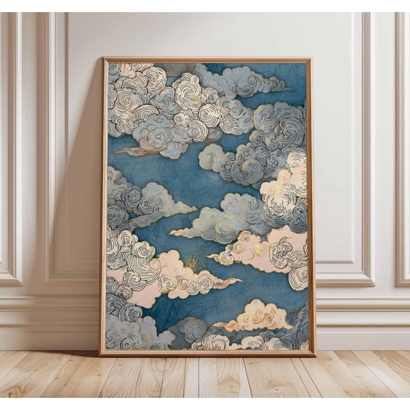 Japanese Cloud Art Poster, Blue And Gold Sky Print, Unframed Paper Poster 8x10in