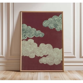 Japanese Cloud Art Print Red Background Poster Zen Wall Decor Minimalist Swirl Clouds Trad