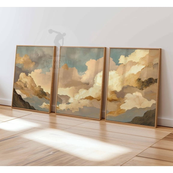 Japanese Cloud Beige Sky Vintage Home Decor Art Set 3 Stretched Canvas 16x24