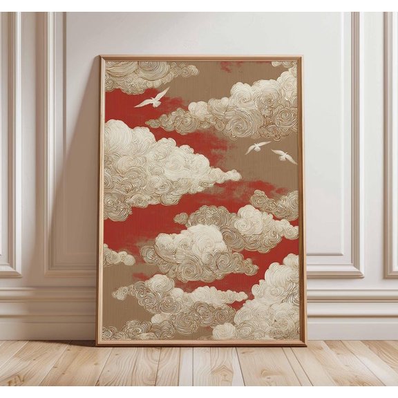 Japanese Cloud Bird Poster, Traditional Sky Landscape Wall Art 12x18 UNFRAMED