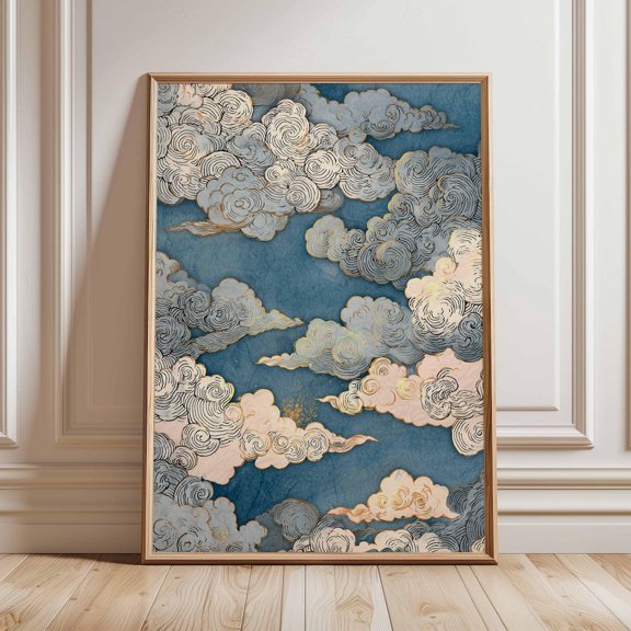 Japanese Cloud Blue Gold Woodblock Zen Wall Poster, Unframed Paper Poster 8x10in