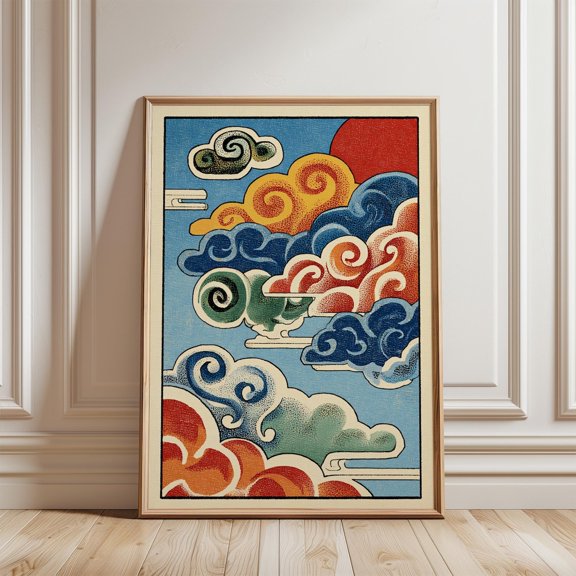 Japanese Cloud Blue Red Swirl Sky Abstract Nature Wall Decor Unframed Paper Print