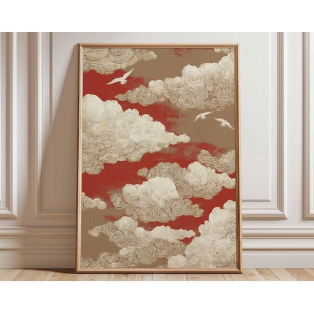 Japanese Cloud Crane Red Sky Asian Traditional Cloud Wall Art Print, Unframed Paper Poster 8x10in