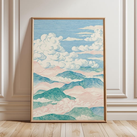 Japanese Cloud Landscape Wall Art Poster Minimal Sky Nature Print Blue Neutral Decor For Living Room Bedroom, Japanese Woodblock Style
