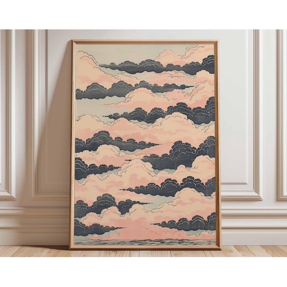Japanese Cloud Pastel Ukiyo E Pink And Blue Cloud Wall Art Print, Unframed Paper Poster 8x10in