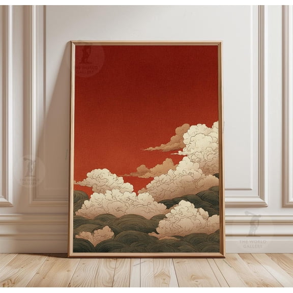 Japanese Cloud Poster Vintage Asian Sky Illustration Red Minimalist, Unframed Poster