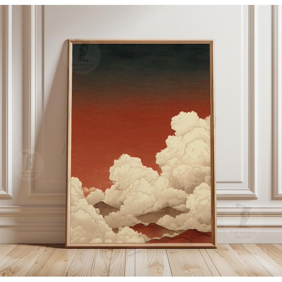 Japanese Cloud Poster, Vintage Asian Sky, Red Minimalist Landscape Wall Art, Poster Only