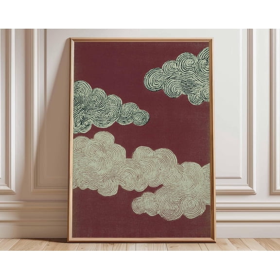 Japanese Cloud Red Background Wall Art Print, Unframed Paper Poster 8x10in