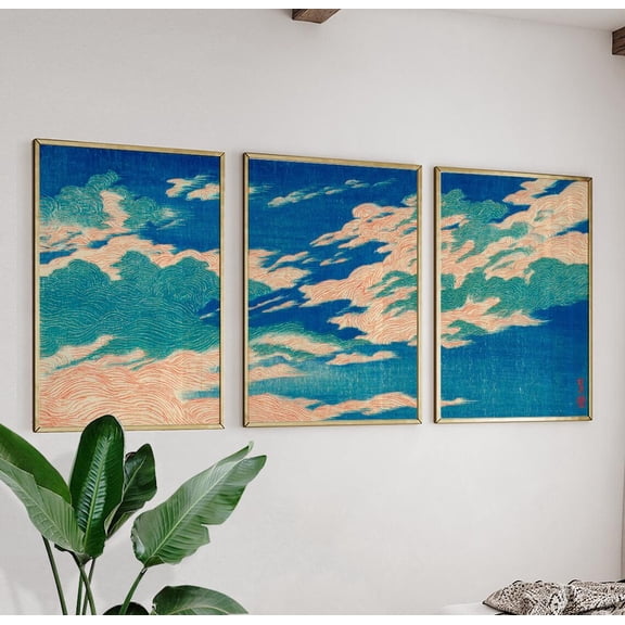 Japanese Cloud Sky Ukiyo Style Blue Sky Triptych Wall Art, Poster Only