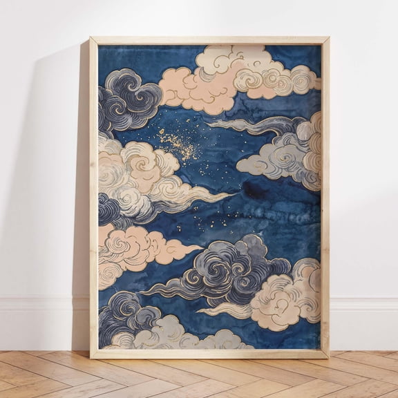 Japanese Cloud Wall Art Print Blue Celestial Sky Poster Indigo Beige Abstract Cloud Decor For Bedroom Living Room