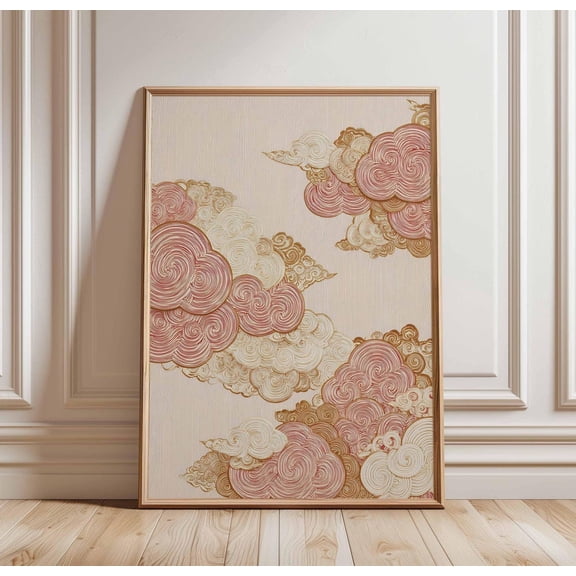 Japanese Cloud Wall Art Print, Gold Swirl Asian Artwork, Minimal Decor