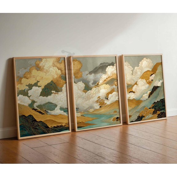 Japanese Clouds Bedroom Wall Art White Clouds Beige Sky Version 5 Set 3 Unframed Paper Print 16x24