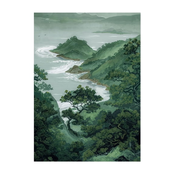 Japanese Coastal Wall Art Forest Print Sage Green Wabi Sabi Painting japandi Art chinoiserie poster - Japan Painting Scenic Landscape Nature Coastal Mountain Unframed Wall Art Print 20 x 30 inches