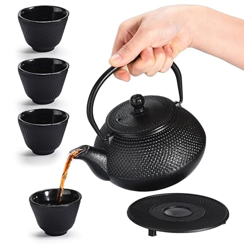 Japanese Coated Cast Iron Teapot Set of 4 - Kettle with Stainless Steel ...