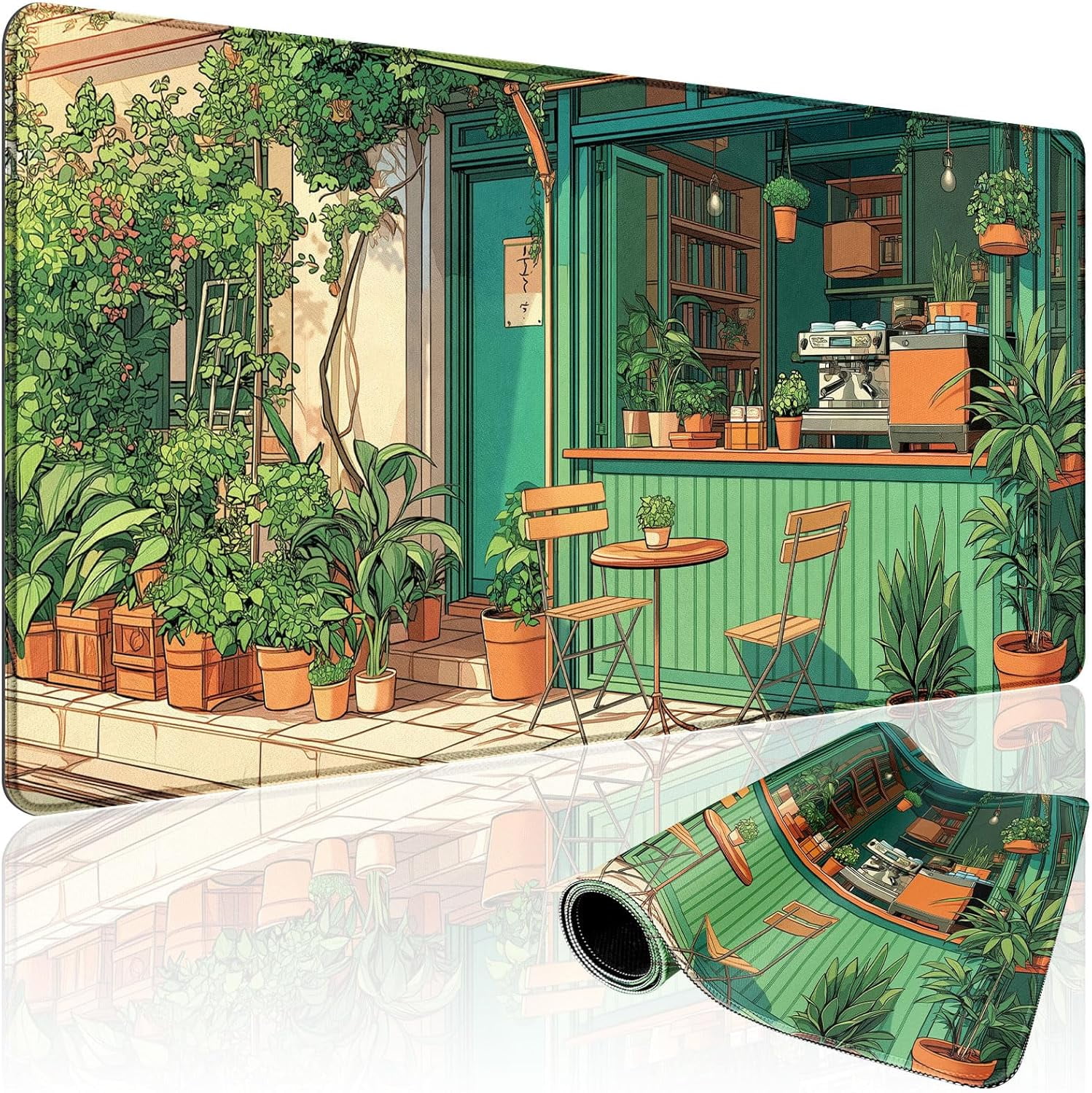 Japanese Coffee Shop Large Gaming Mouse Pad 31.5"x15.7"｜ Green Plant XXL Desk Mat, Non-Slip Rubber Base & Stitched Edges - Extended Waterproof Mousepad for PC/Laptop/Office/Home Decor