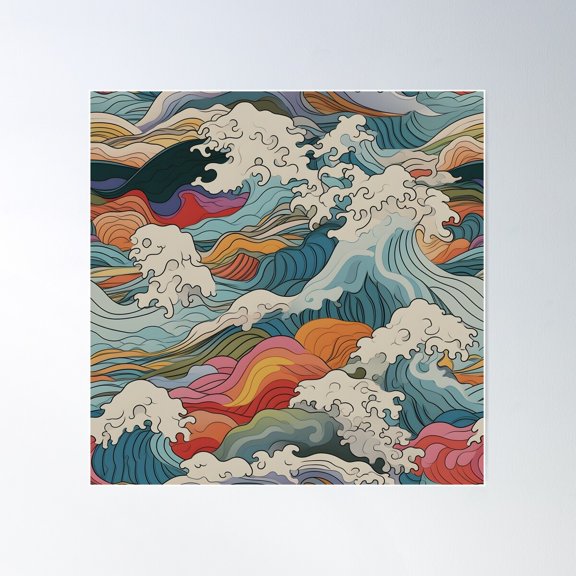 Japanese Colorful Waves Poster Wall Art, Modern Wall Decor For Living Room Bedroom, 30x30 UNFRAMED