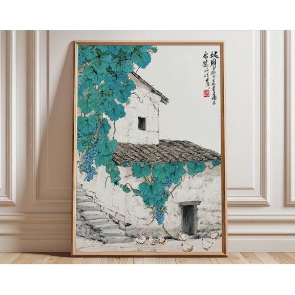 Japanese Countryside Traditional House Rustic Village Blue Vine Wall Art Print, Unframed Paper Poster 24x36in